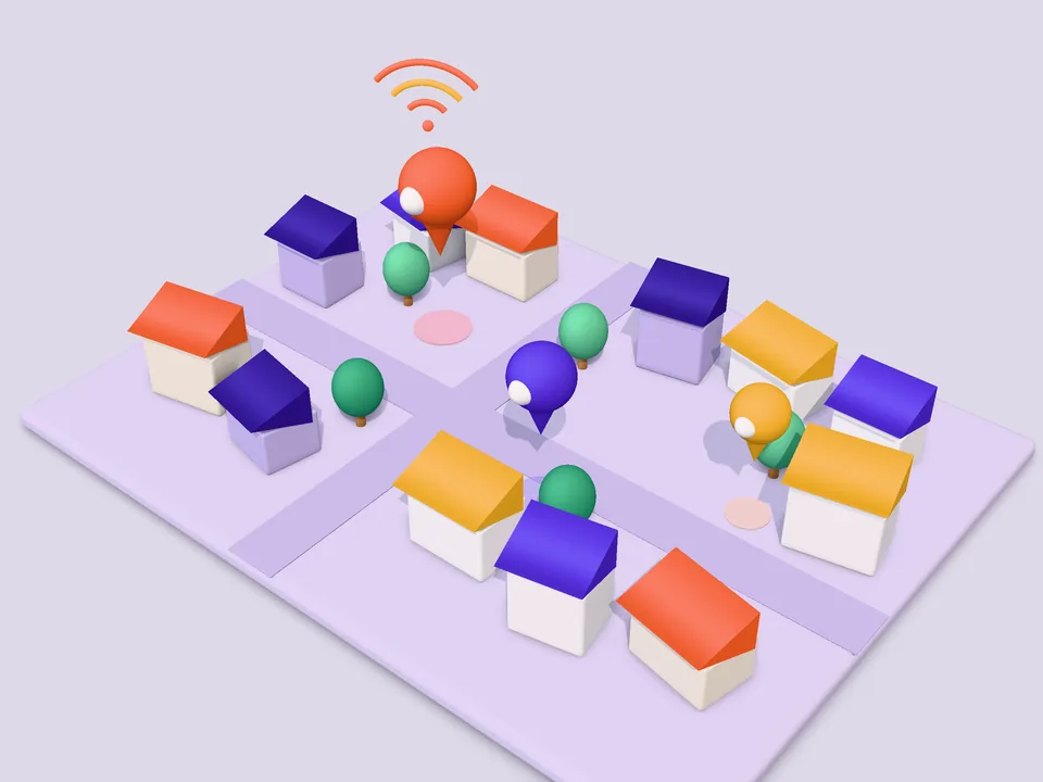 Ilustración 3D de un vecindario con casas y marcadores de ubicación