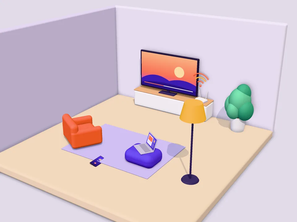 Ilustración 3D de un televisor, un router y una laptop en casa