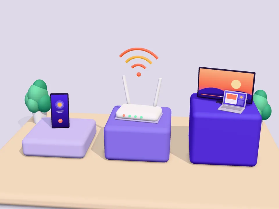 Ilustración 3D de un teléfono, un router y un televisor sobre pedestales de distintas alturas