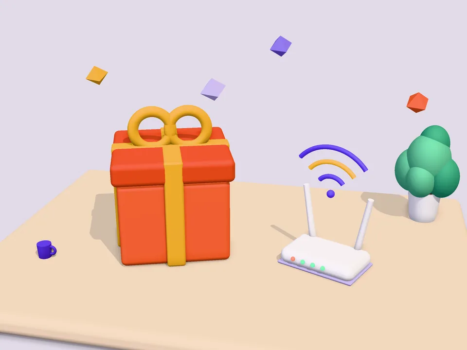 Ilustración 3D de una caja de regalo junto a un router Wi-Fi