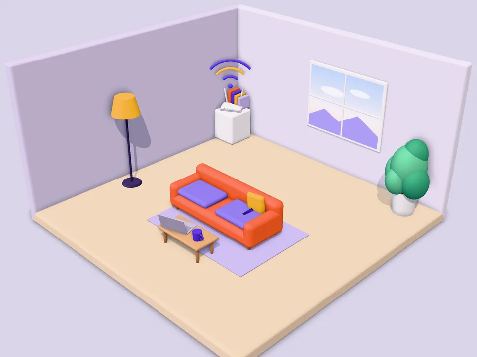 Ilustración 3D de una sala con sofá, laptop y router Wi-Fi