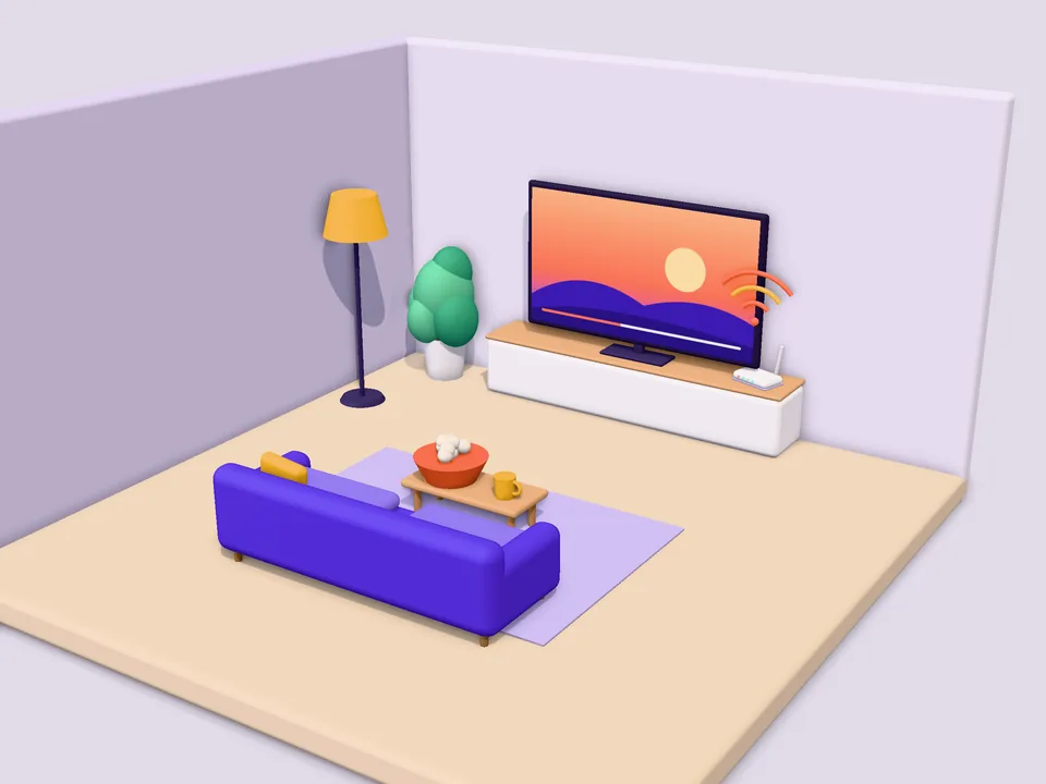 Ilustración 3D de un televisor en una sala de estar